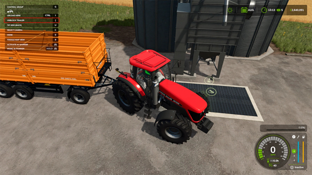 FS25 mod Trailer Axle Blocker shown with red tractor and orange trailer near silo.