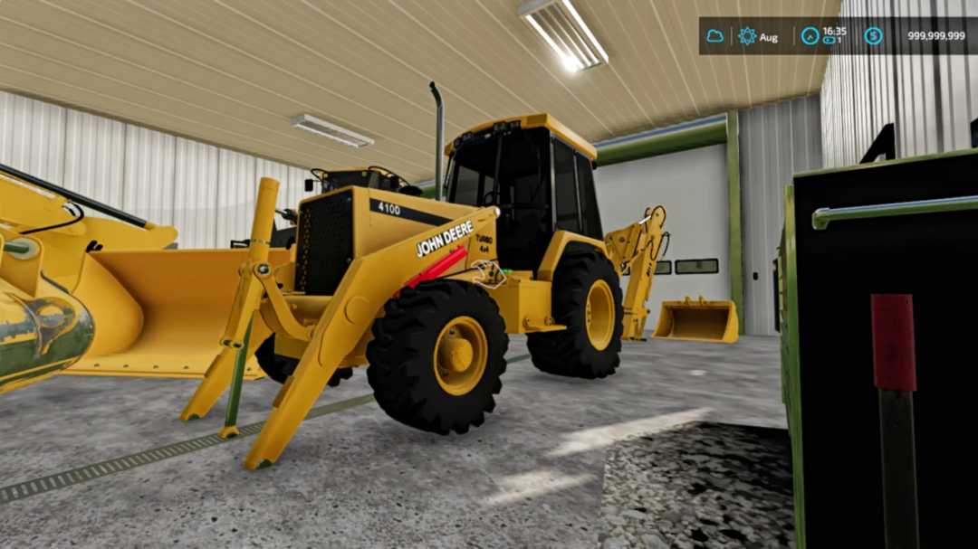 FS22 mod Tri State JD Backhoe v1.0.0.0 shown in a garage. John Deere loader with digging attachment for Farming Simulator 22.