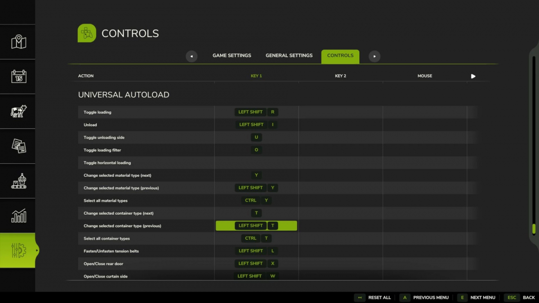 FS25 controls menu displaying Universal Autoload v0.0.0.13 key bindings in Farming Simulator 25 mods.