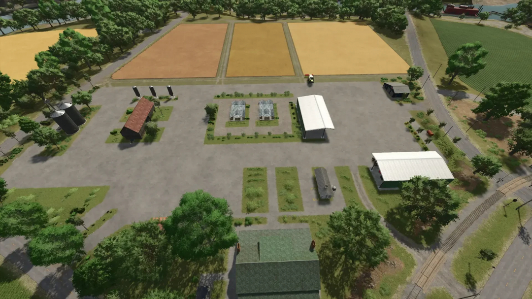 Aerial view of the Volksbend Map v1.0.0.0 in FS25 showing farmland, silos, and buildings.