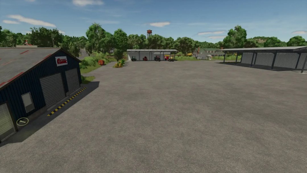 FS25 Volksbend Map v1.0.0.0 showing a farmyard with buildings, garages, and equipment under a clear sky.