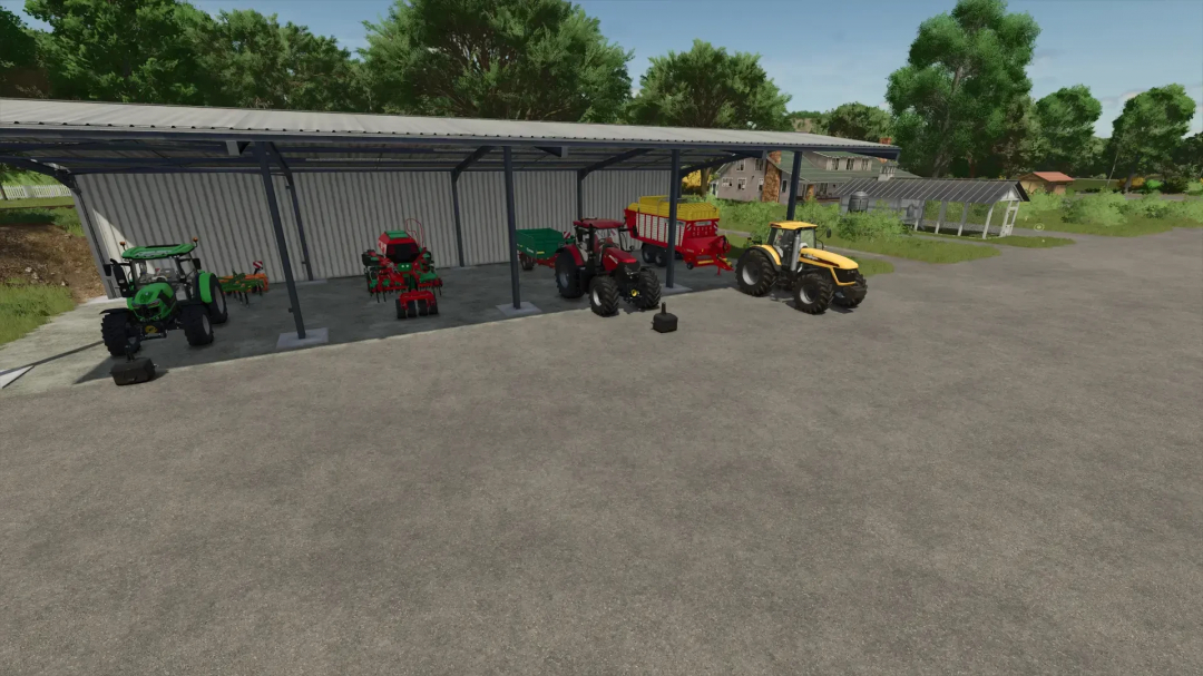 FS25 mod Volksbend Map v1.0.0.0 features tractors and farming equipment in a shed.