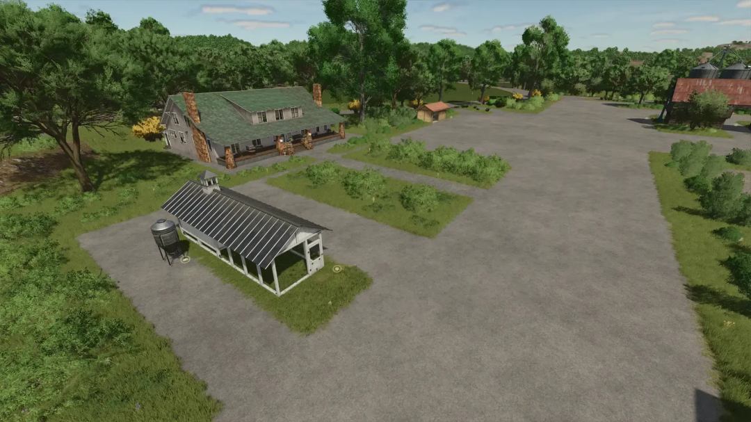 FS25 Volksbend Map v1.0.0.0 features a farmhouse, trees, and open grounds for Farming Simulator 25 mod.