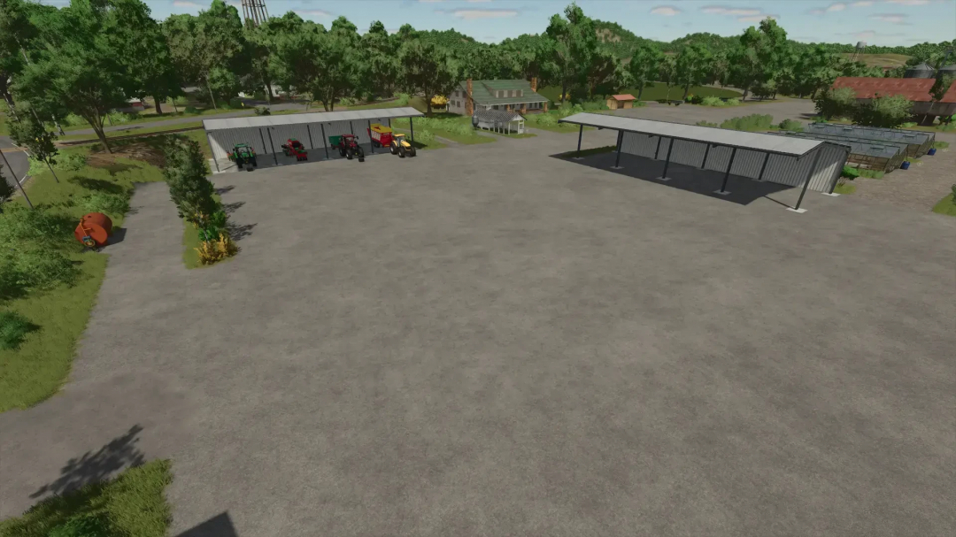 FS25 Volksbend Map v1.0.0.0 showing farm buildings, equipment, and greenery.