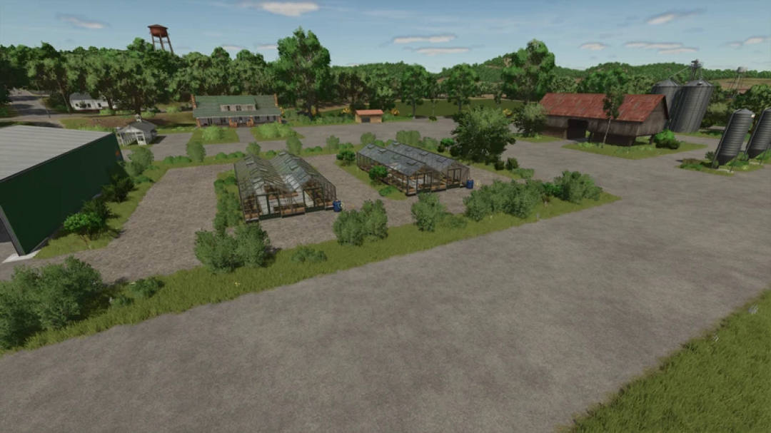 FS25 mods: View of Volksbend Map v1.0.0.1 in Farming Simulator 25 showing greenhouses, a farm building, and silos.