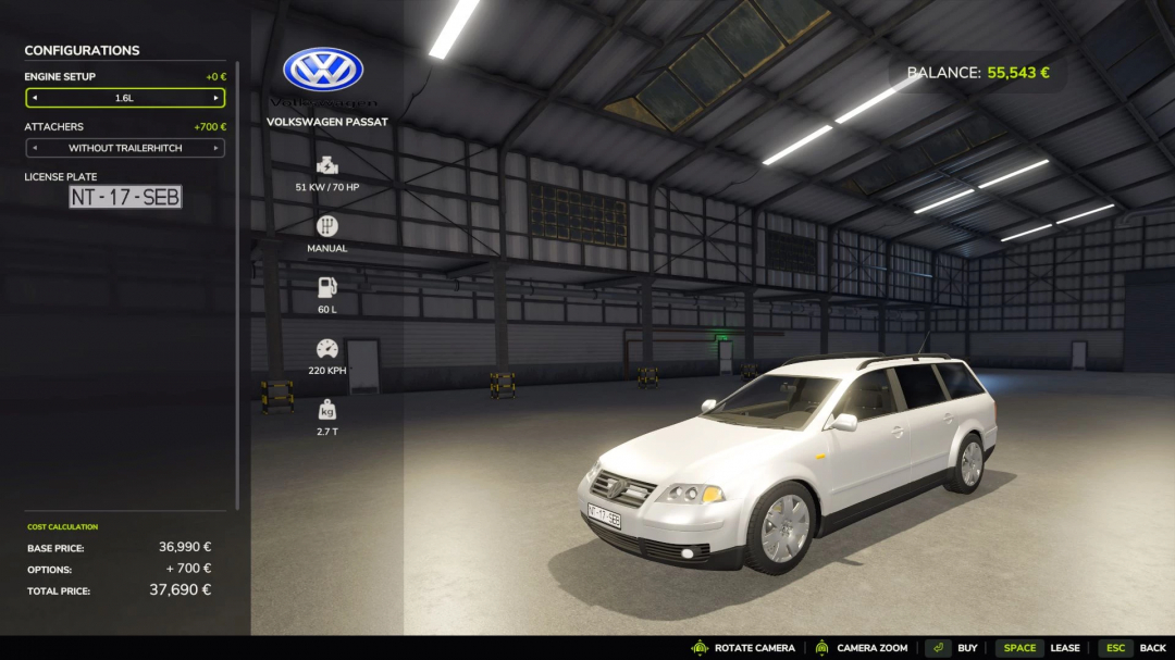 Volkswagen Passat v1.0.0.0 mod in FS25 garage, showing configurations and cost. FS25 mods enhance gameplay with realistic vehicles.