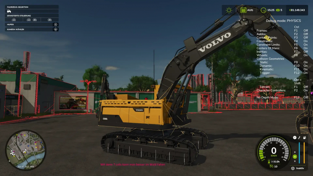 Volvo Bagger v1.0.0.0 mod in Farming Simulator 25 showcasing a yellow excavator with debug settings, enhancing gameplay realism.