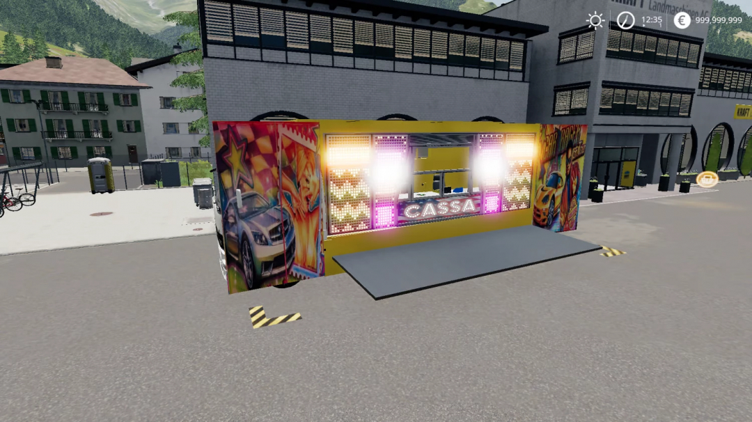 FS22 mod image of a colorful carnival stand labeled 'Cassa' with graphics of cars, perfect for Farming Simulator 22 mods.