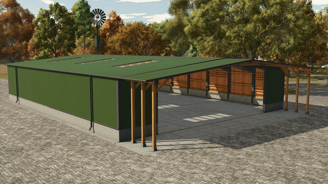 Wide Garage mod for FS25, featuring a green metal structure with wood accents surrounded by trees.