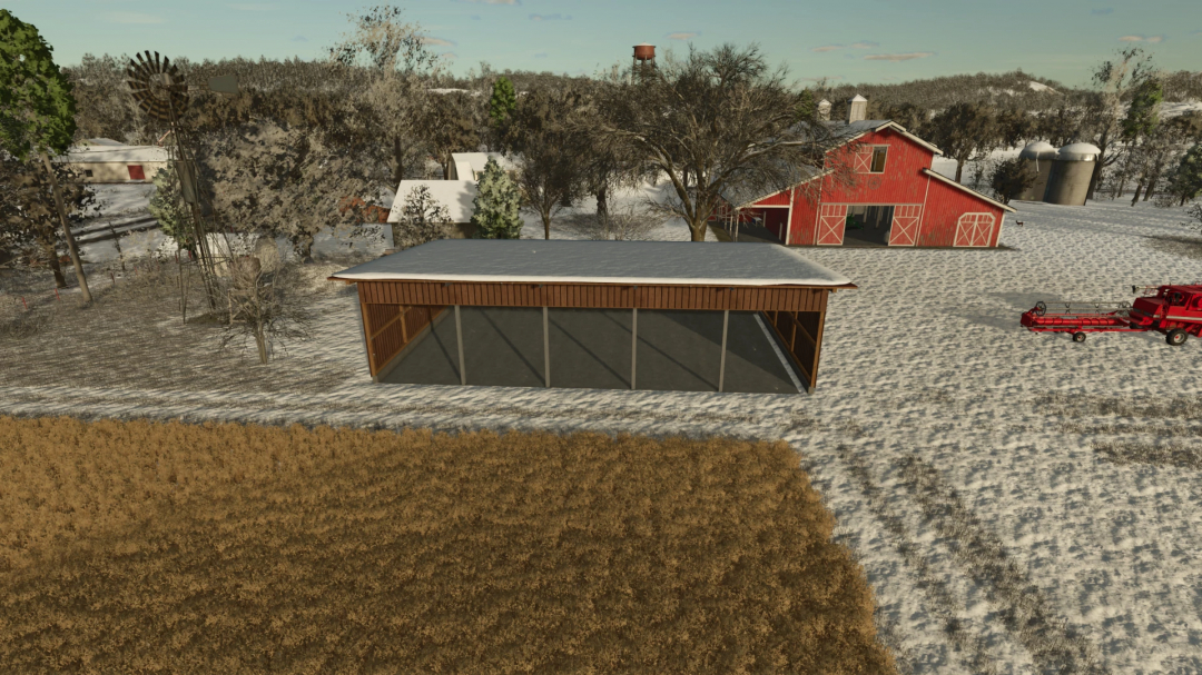 FS25 WoodSheed Pack v1.0.0.0 mod showing a wooden shed, winter barn, and machinery in a snowy landscape.