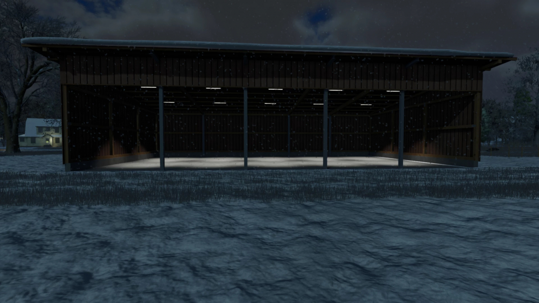 Wooden shed from WoodSheed Pack mod in Farming Simulator 25, shown at night with snow on the ground.