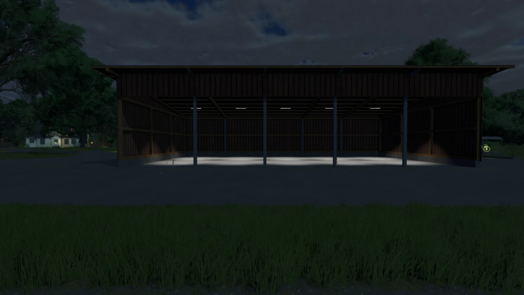 Open wooden shed lit at night in FS25 WoodSheed Pack mod.