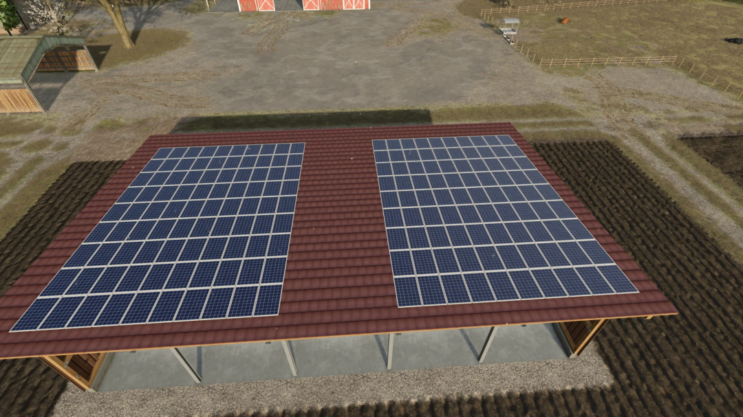 A large wooden shed with solar panels on the roof in FS25. Part of the WoodSheed Pack v1.0.0.0 mod for Farming Simulator 25.