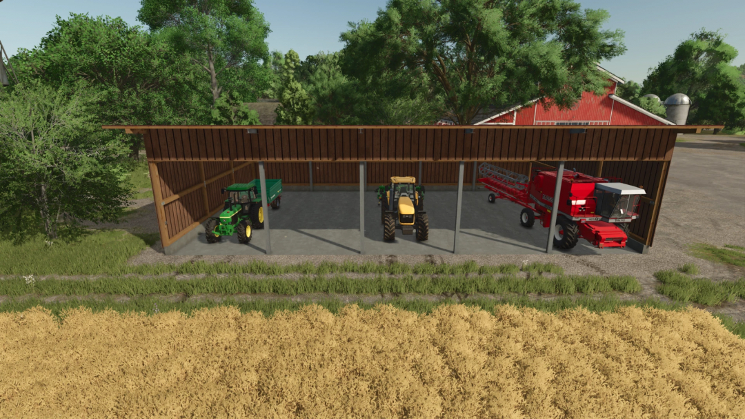 WoodSheed Pack v1.0.0.0 mod for FS25 showing tractors and combine in a wooden shed with lush trees and a barn in the background.