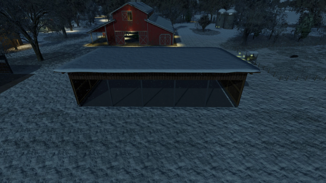 Wooden shed with snowy roof at night in FS25 WoodSheed Pack mod, Farming Simulator 25.