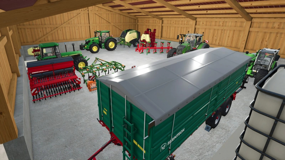 FS25 mod showing a woodbarn with storage shelves housing farming equipment and vehicles.