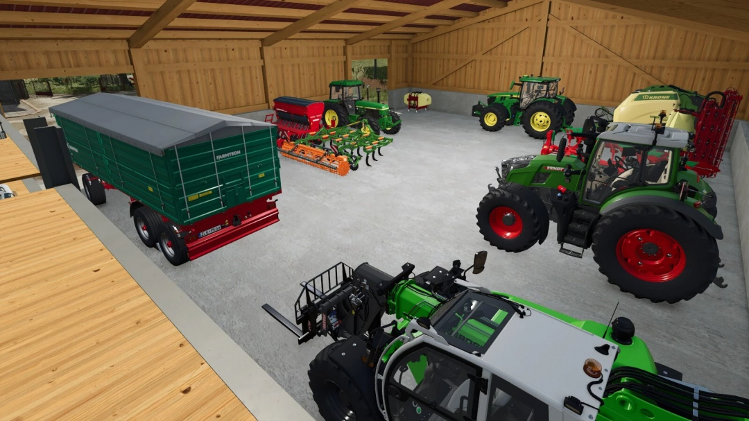 Woodbarn with farming equipment in FS25, featuring storage shelves mod v1.0.0.0.