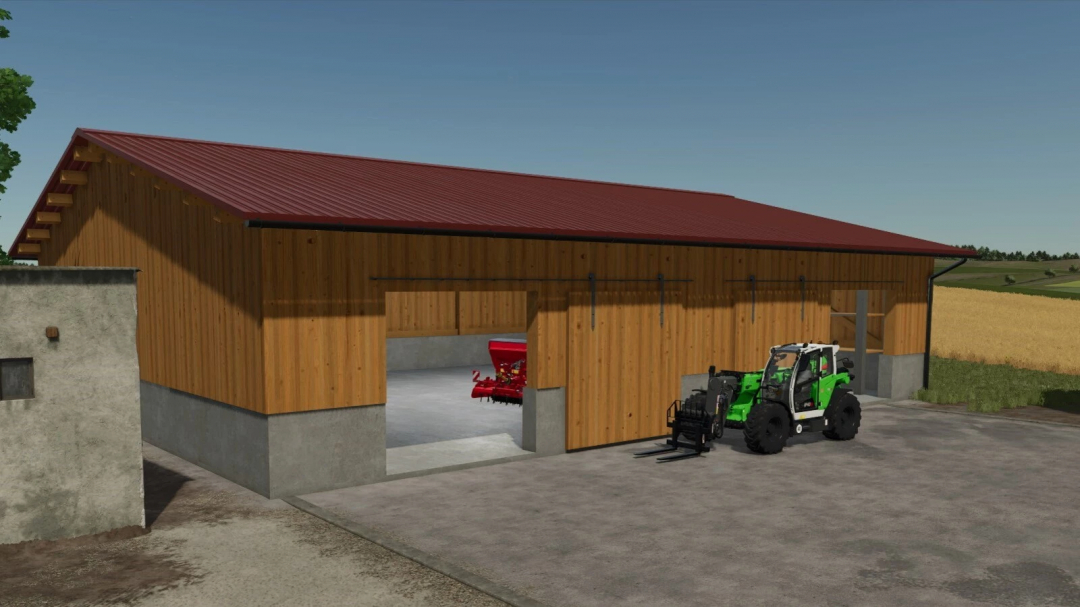 Wooden barn with storage shelves in FS25 mod, featuring open garage area and farming equipment outside.