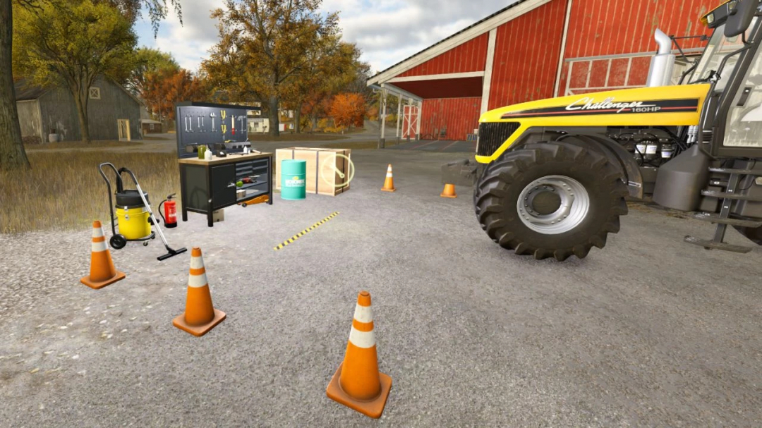 FS25 mod Workshop station v1.0.0.0 with tools, cones, and tractor in farm setting