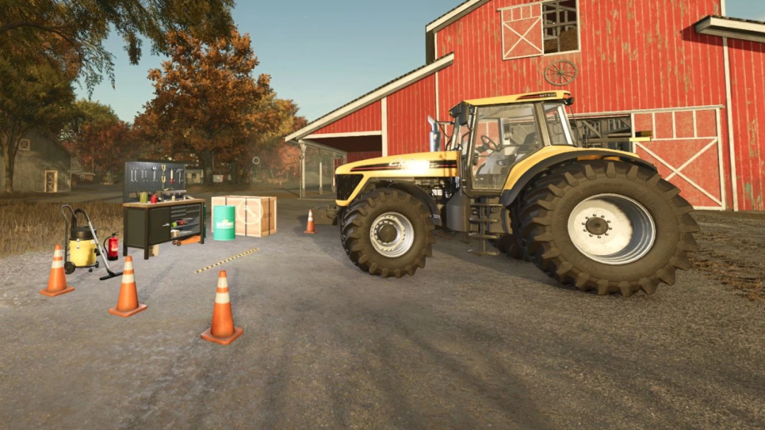 Workshop station mod in FS25 showcasing tools, equipment, and a tractor near a red barn.