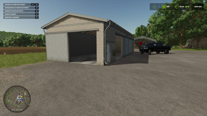 fs25-mods,  18x7 Meters Garage mod in FS25, featuring a brick structure with open doors and a truck nearby.