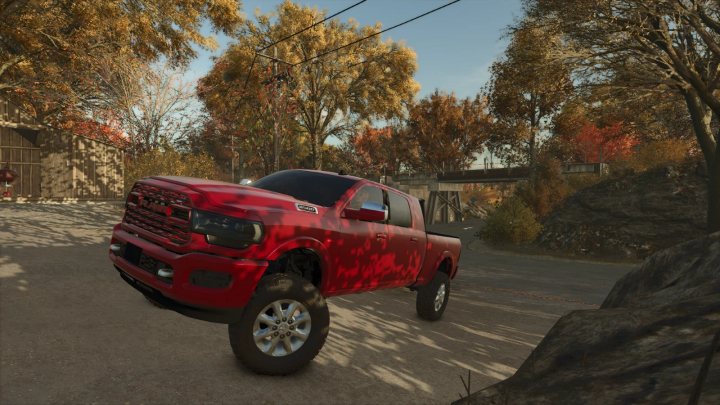 fs25-mods,  Red 2024 Dodge Ram Mega Cab mod for FS25 in an autumn landscape.