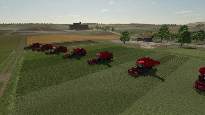 fs25-mods,  Farming Simulator 25 Agrifac Optitraxx Multifruit mods with red harvesters in a field.