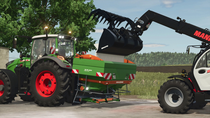 fs25-mods, Amazone ZA-TS 4200 mod in FS25, showcasing a tractor and loader handling fertilizer.