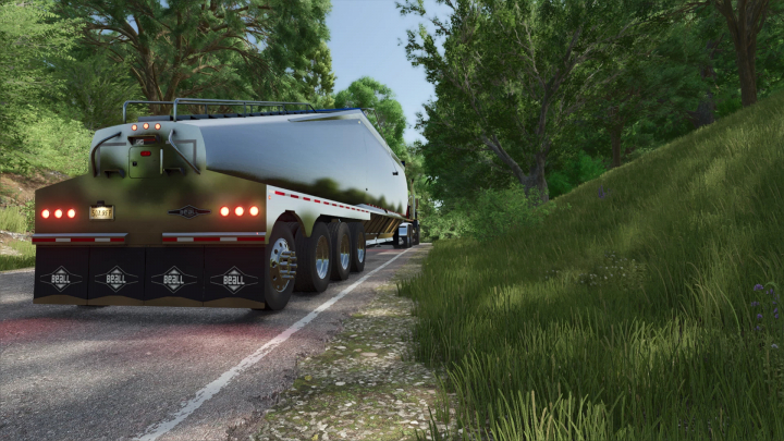 fs25-mods, Beall Bullet Quad Axle Belly Dump mod in FS25, parked on a road surrounded by greenery.