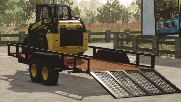 fs25-mods,  FS25 mod Big Tex HD Transporter Trailer holding a skid steer loader on a farm.