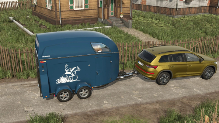 fs25-mods,  Boeckmann BigMaster WesternWCF in FS25 mod, horse trailer attached to SUV in farm setting.