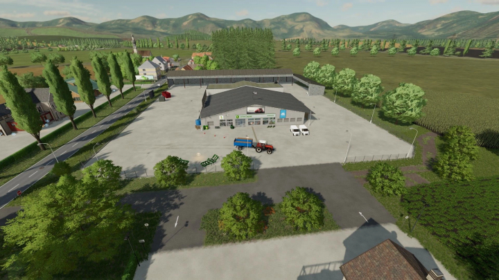 fs22-mods, FS22 Bohemia Country mod, farm shop and landscape with hills, trees, and tractor parked outside.