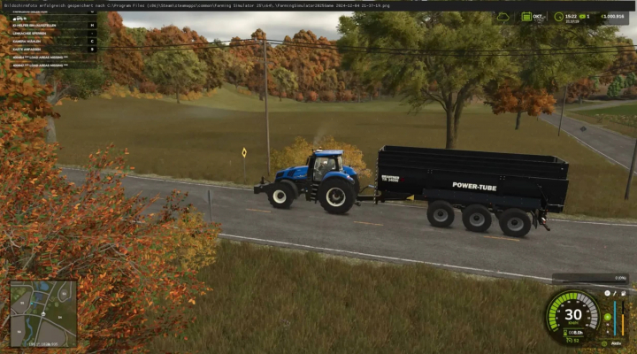 fs25-mods,  FS25 mod showing Brandtner TR 5000 trailer attached to blue tractor on road, with autumn trees in background.