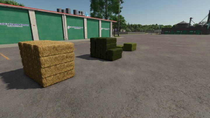 fs25-mods, FS25 mod showing buyable small square bales in front of green building.