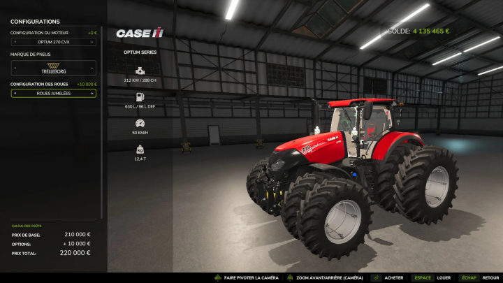 fs25-mods,  FS25 mod Case IH Optum Beta v1.0.0.0 featuring a red tractor with dual wheels in a garage, showcasing configuration options.