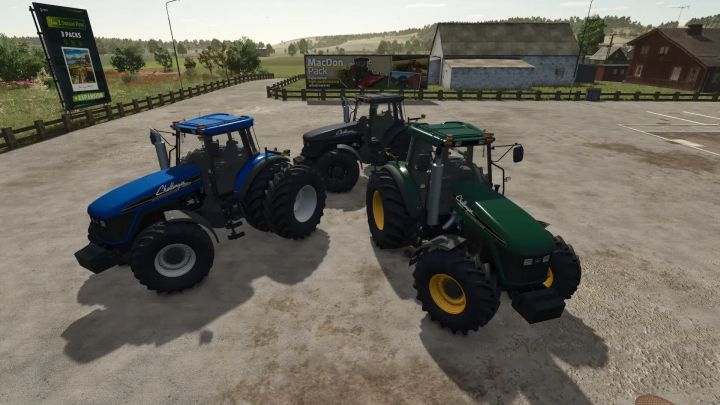 fs25-mods,  Three Challenger MT600 Series Special Edition Warrior tractors in FS25 mod, featuring blue, black, and green colors in a rural landscape.