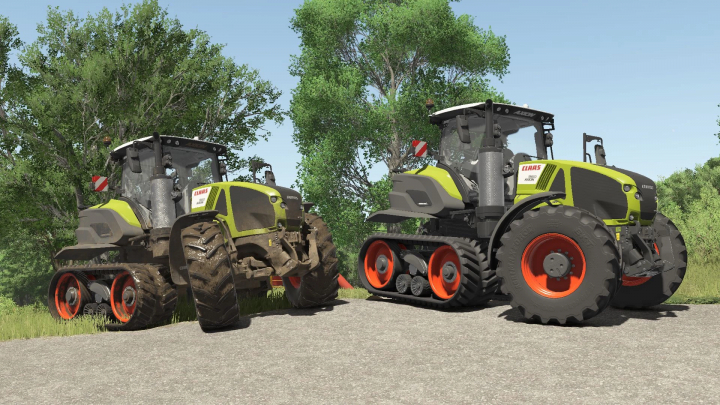 fs25-mods,  Claas Axion 960TT tractors in FS25 mod, showcasing tracks and wheels. Farming Simulator 25 mods enhance gameplay.