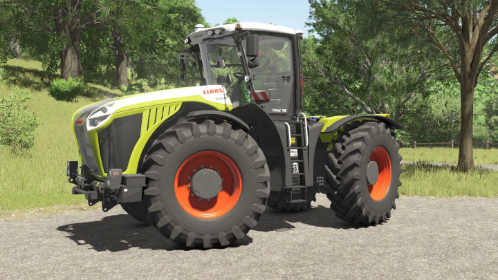 fs25-mods,  Claas Xerion 5000 tractor mod in FS25, showcasing its detailed design and large wheels in a scenic landscape.