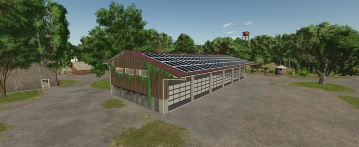 fs25-mods,  FS25 mod Composite Hall with solar modules in farm setting.