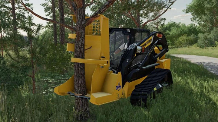 fs25-mods,  DFM TOOLS v1.0.0.0 mod for Farming Simulator 25, showcasing a forestry attachment on a skid steer in a wooded area.