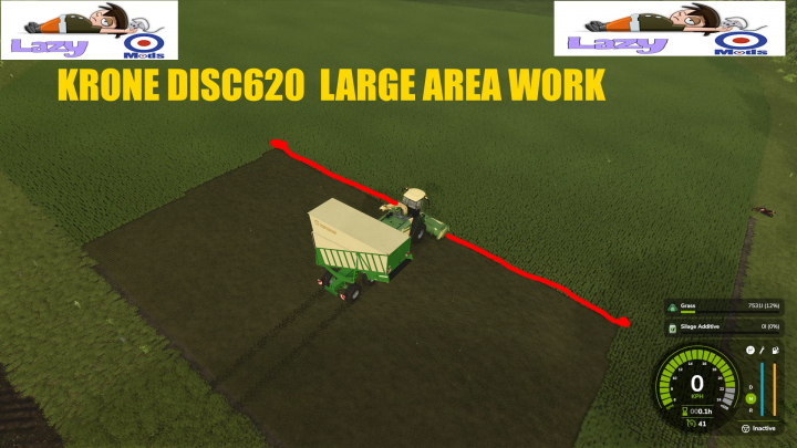 fs25-mods, FS25 mod DISC620 Large Area Work showing a green harvester on a field with interface details.