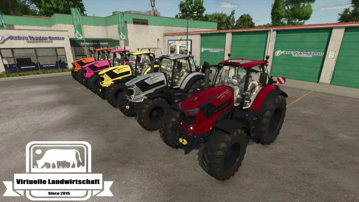 fs25-mods,  Multiple Deutz Series 8 tractors with varied colors showcase the Front flasher and color selection mod in FS25.