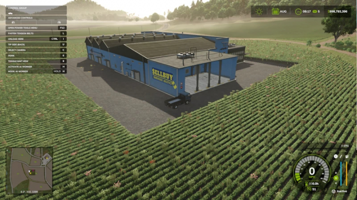 fs25-mods, Aerial view of a blue Discount Warehouse mod in Farming Simulator 25 with a surrounding crop field. The mod enhances storage and buying options in FS25.