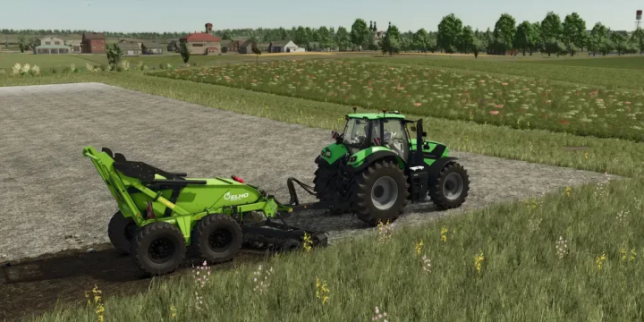 fs25-mods, FS25 mod ELHO Scorpio 550 Individual v1.0.0.0 in use, showcasing a green tractor working on a field in Farming Simulator 25.