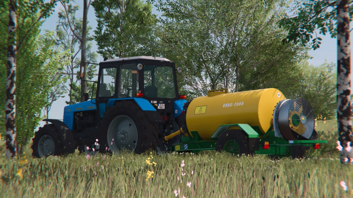 fs25-mods,  FS25 mod showing a blue tractor with a yellow sprayer in a lush green field, showcasing detailed vehicle shader v1.0.0.0.