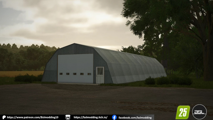 fs25-mods,  FS25 mod image shows a large 40x100 shed in Farming Simulator 25, surrounded by trees and fields.