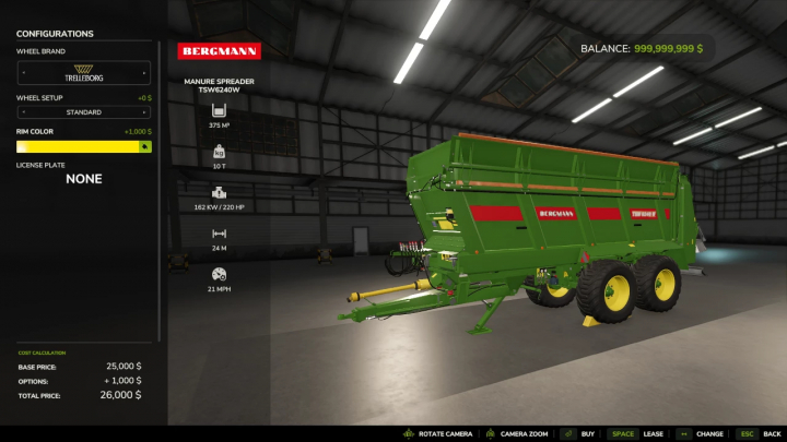 fs25-mods,  FS25 mod showcasing the Bergmann TSW6240W manure spreader in a garage. Features include brand options, rim color, and price.