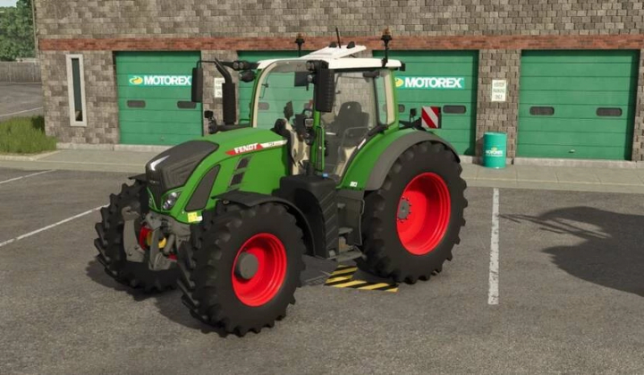 fs25-mods, FS25 mod Fendt 700 Vario Gen 6 tractor parked outside a building with MOTOREX signage.