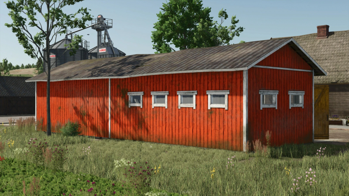 fs25-mods,  Finnish Machinery Sheds mod in FS25, showcasing a red wooden shed with small windows in a rural setting.