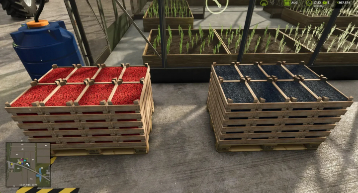 fs25-mods, FS25 mod image showing a greenhouse with additional crops, featuring red and blue produce in crates.